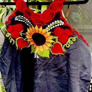 Floral Embroidered Black Blouse with Red and Yellow Details